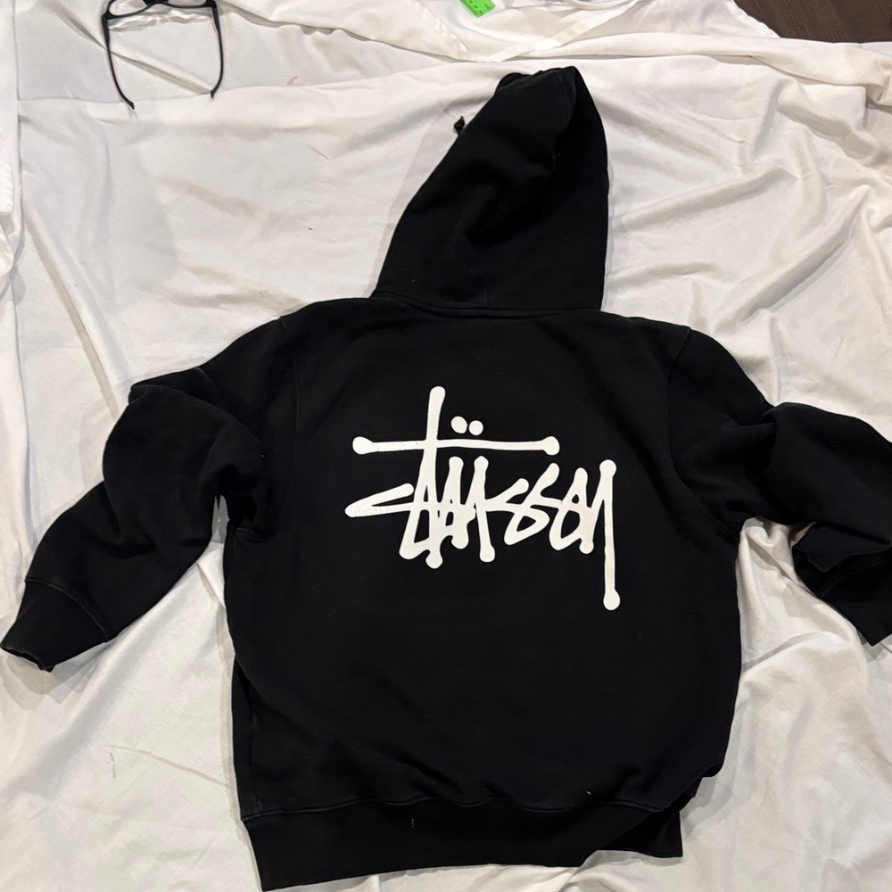 Stussy Black Hoodie with White Script Logo Back Graphic